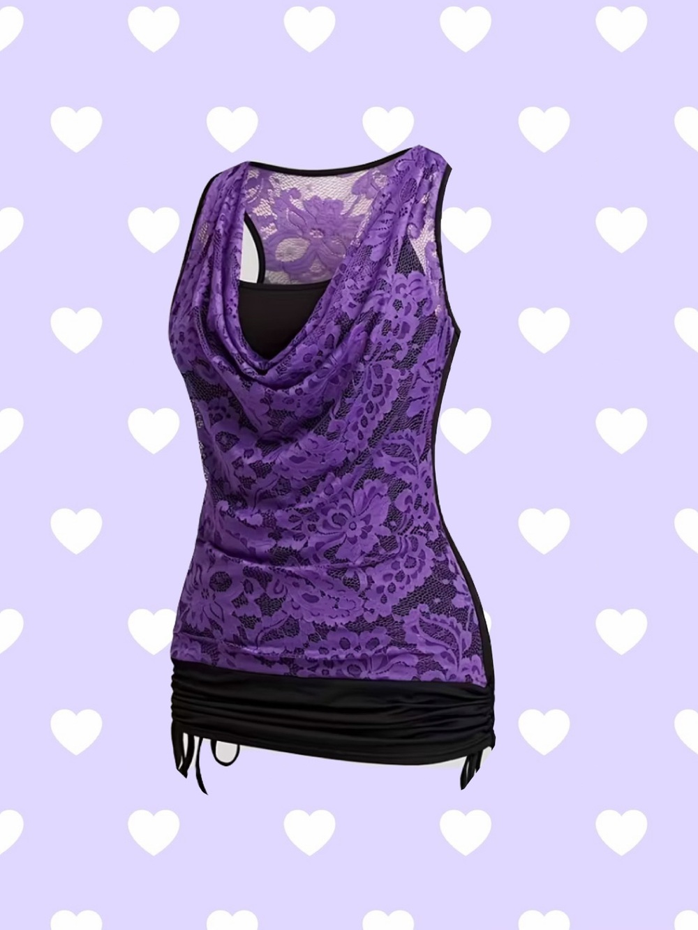 Sleeveless Purple Lace Cowl Neck Tank Top